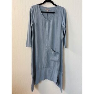 Flax Blue Relaxed Linen Cotton-Sleeve Midi Dress Asymmetrical Hem Size P US‎ 4-6